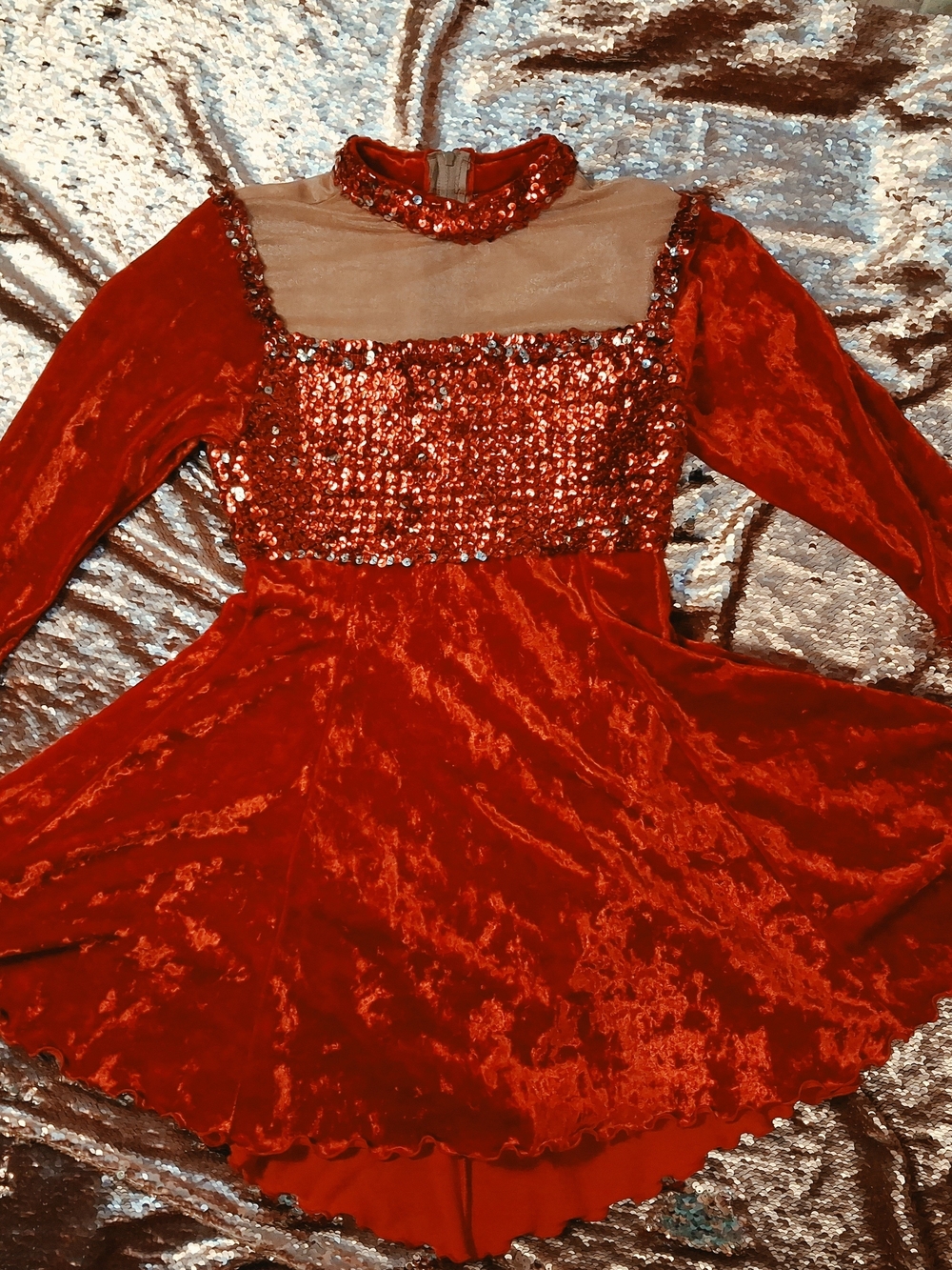 Figure Skatet/Slayer Red Sequin Velvet Petite Dress with Mesh Yoke